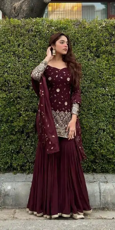 RTC 5719 Maroon Color Foix Georgette Thread Sequence Work Salwar Suit Wedding, Party, Festive, Events Etc. Expected Delivery 4-6 Working Days @1949/- | Jump Suits, Casual Suits, Creative suits, Designer Suits, Palazzo Suits, Party Wear Suits, Patiala Suits, Salwar suit, Straight Suits