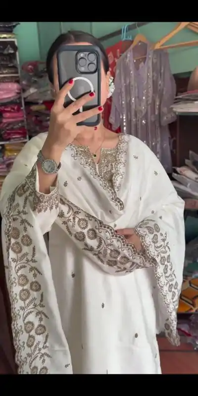 SRK 5178 White Color Chinnon Silk Sequence Salwar Suit Wedding, Party, Festive, Events Expected Delivery 4-6 Working Days @ 1899/- | Jump Suits, Casual Suits, Creative suits, Designer Suits, Palazzo Suits, Party Wear Suits, Patiala Suits, Salwar suit, Straight Suits