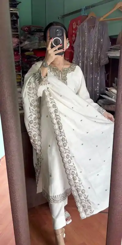 SRK 5178 White Color Chinnon Silk Sequence Salwar Suit Wedding, Party, Festive, Events Expected Delivery 4-6 Working Days @ 1899/- | Jump Suits, Casual Suits, Creative suits, Designer Suits, Palazzo Suits, Party Wear Suits, Patiala Suits, Salwar suit, Straight Suits