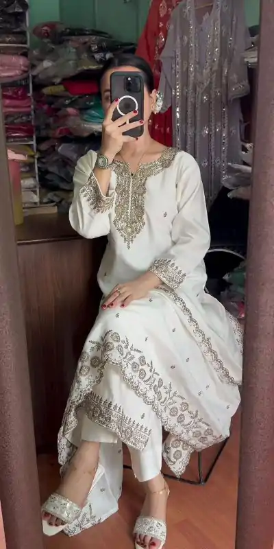 SRK 5178 White Color Chinnon Silk Sequence Salwar Suit Wedding, Party, Festive, Events Expected Delivery 4-6 Working Days @ 1899/- | Jump Suits, Casual Suits, Creative suits, Designer Suits, Palazzo Suits, Party Wear Suits, Patiala Suits, Salwar suit, Straight Suits