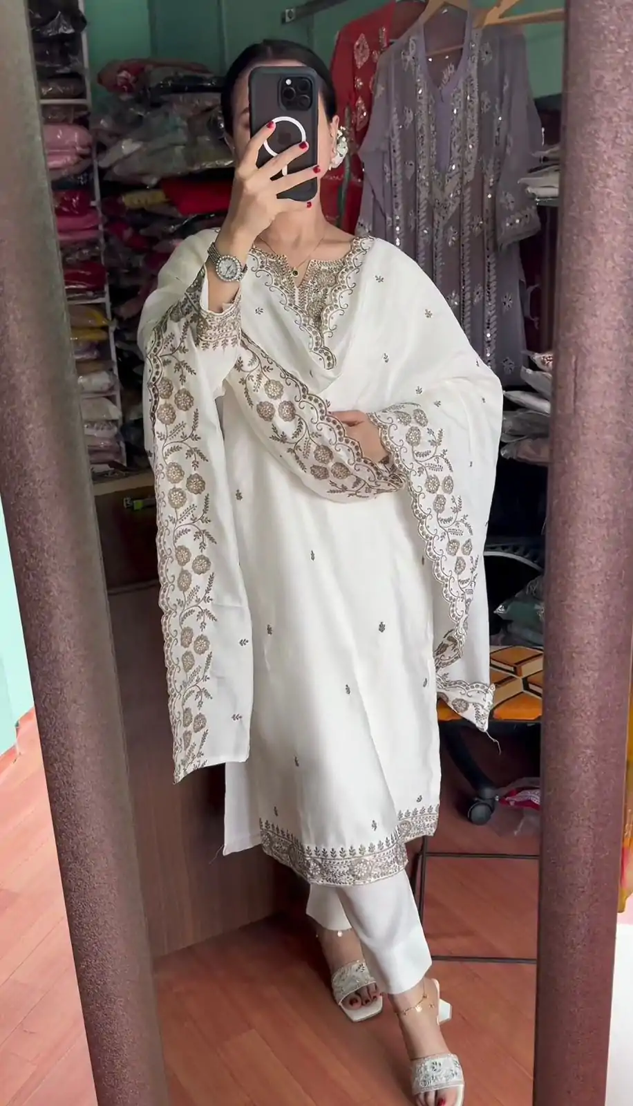 SRK 5178 White Color Chinnon Silk Sequence Salwar Suit Wedding, Party, Festive, Events Expected Delivery 4-6 Working Days @ 1899/- | Jump Suits, Casual Suits, Creative suits, Designer Suits, Palazzo Suits, Party Wear Suits, Patiala Suits, Salwar suit, Straight Suits