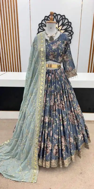 ZSR 3073 Blue Color Chinon Silk Digital Printed Lehenga Choli Wedding, Party, Events Etc. Expected Delivery 4-6 Working Days 2399/- | Creative Lehenga, Designer Lehenga, Embroidered Lehenga, Lehenga, Party Wear Lehenga