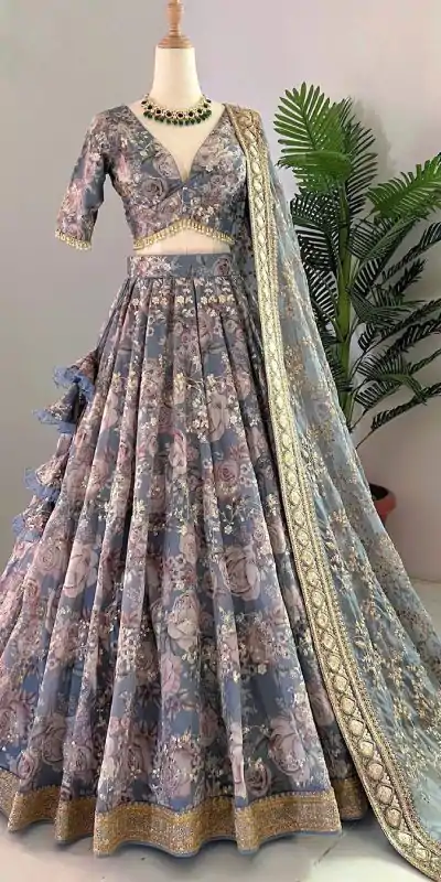 ZSR 3073 Blue Color Chinon Silk Digital Printed Lehenga Choli Wedding, Party, Events Etc. Expected Delivery 4-6 Working Days 2399/- | Creative Lehenga, Designer Lehenga, Embroidered Lehenga, Lehenga, Party Wear Lehenga