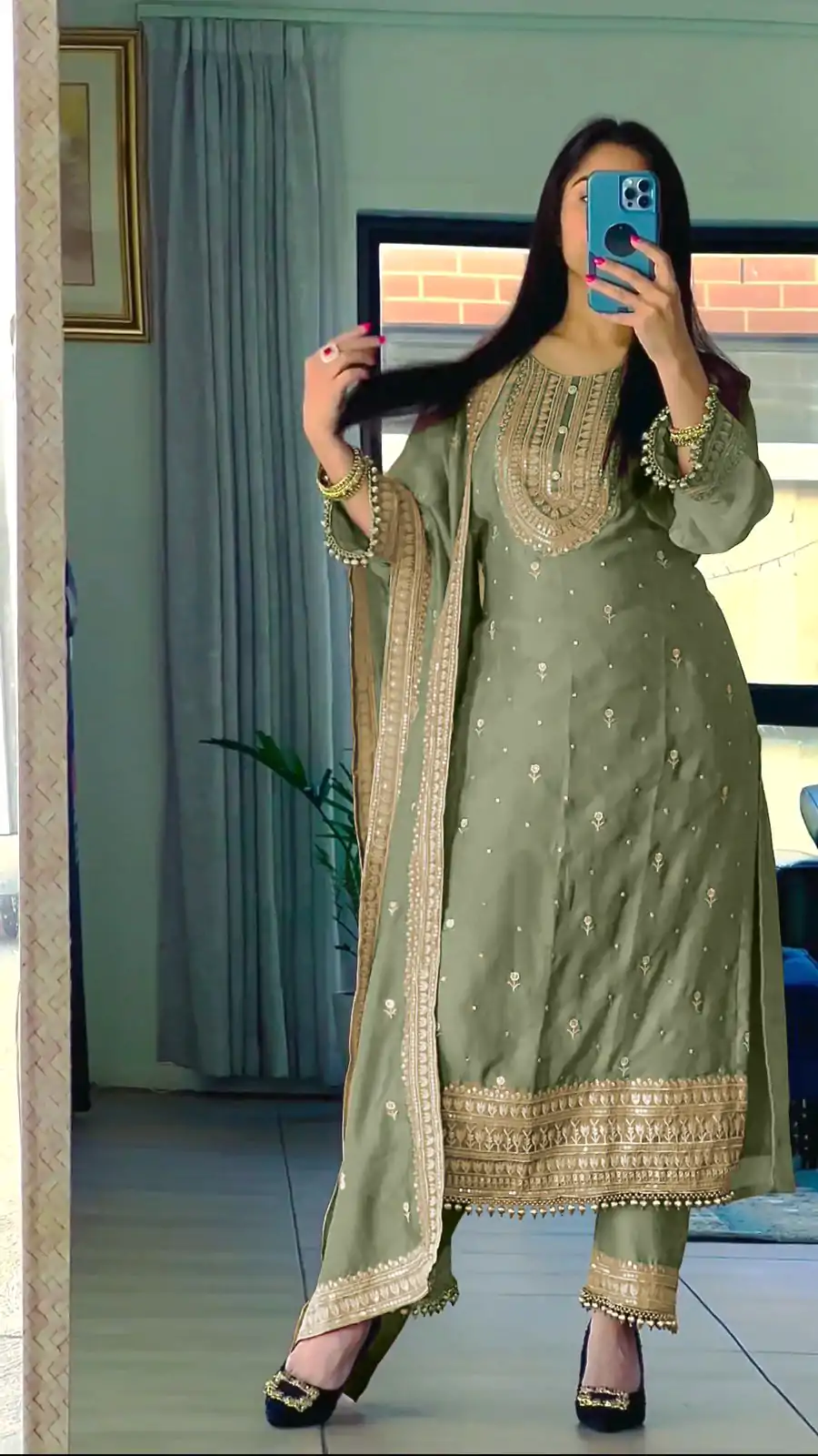 NSR 814 Green Color Pure Chinnon Silk Embroidery Sequence Salwar Suit Casual, Party Festive, Events Etc. Expected Delivery 4-6 Working Days @2049/- | Jump Suits, Casual Suits, Creative suits, Designer Suits, Palazzo Suits, Party Wear Suits, Patiala Suits, Salwar suit, Straight Suits