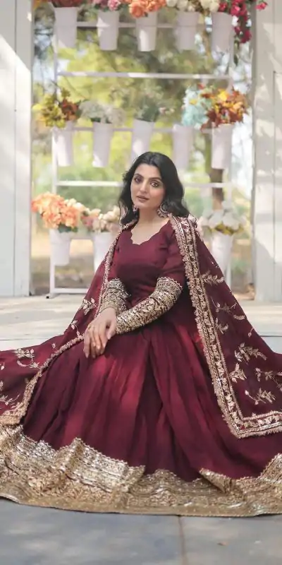 SR 1634 Maroon Color Georgette Embroidery Sequence Gown Casual, Wedding, Party, Festive, Events Etc. Expected Delivery 4-6 Working Days @2099/- | Bollywood Gowns, Creative Gowns, Designer Gowns, Gowns, Party Wear Gowns