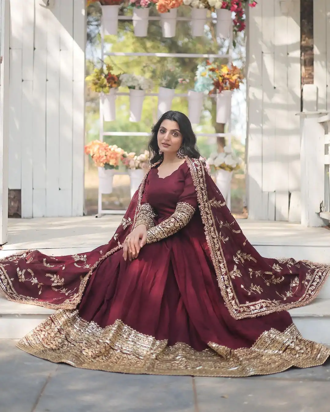 SR 1634 Maroon Color Georgette Embroidery Sequence Gown Casual, Wedding, Party, Festive, Events Etc. Expected Delivery 4-6 Working Days @2099/- | Bollywood Gowns, Creative Gowns, Designer Gowns, Gowns, Party Wear Gowns
