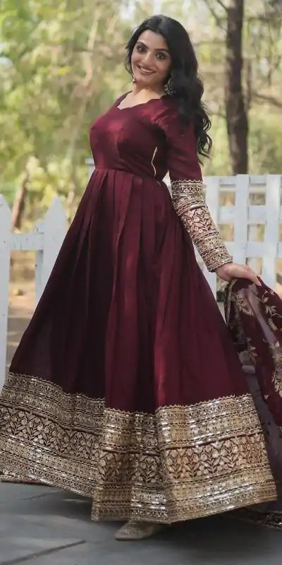 SR 1634 Maroon Color Georgette Embroidery Sequence Gown Casual, Wedding, Party, Festive, Events Etc. Expected Delivery 4-6 Working Days @2099/- | Bollywood Gowns, Creative Gowns, Designer Gowns, Gowns, Party Wear Gowns