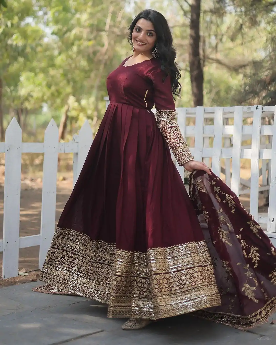 SR 1634 Maroon Color Georgette Embroidery Sequence Gown Casual, Wedding, Party, Festive, Events Etc. Expected Delivery 4-6 Working Days @2099/- | Bollywood Gowns, Creative Gowns, Designer Gowns, Gowns, Party Wear Gowns