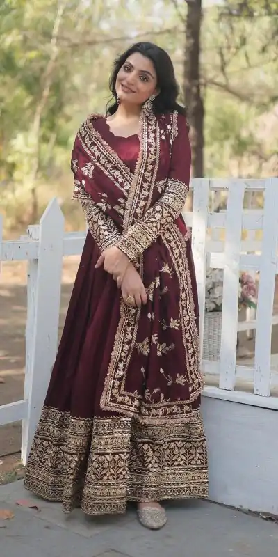 SR 1634 Maroon Color Georgette Embroidery Sequence Gown Casual, Wedding, Party, Festive, Events Etc. Expected Delivery 4-6 Working Days @2099/- | Bollywood Gowns, Creative Gowns, Designer Gowns, Gowns, Party Wear Gowns