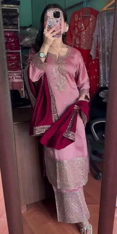 SRK 5140 Peach Color Pure Chinnon Silk Embroidery Sequence Salwar Suit Wedding, Party, Festive, Events Expected Delivery 4-6 Working Days @ 1899/- | Jump Suits, Casual Suits, Creative suits, Designer Suits, Palazzo Suits, Party Wear Suits, Patiala Suits, Salwar suit, Straight Suits