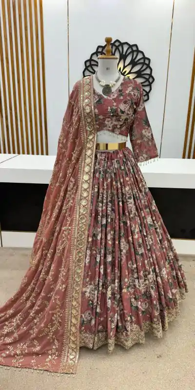 ZSR 3073 Peach Color Chinon Silk Digital Printed Lehenga Choli Wedding, Party, Events Etc. Expected Delivery 4-6 Working Days 2399/- | Creative Lehenga, Designer Lehenga, Embroidered Lehenga, Lehenga, Party Wear Lehenga