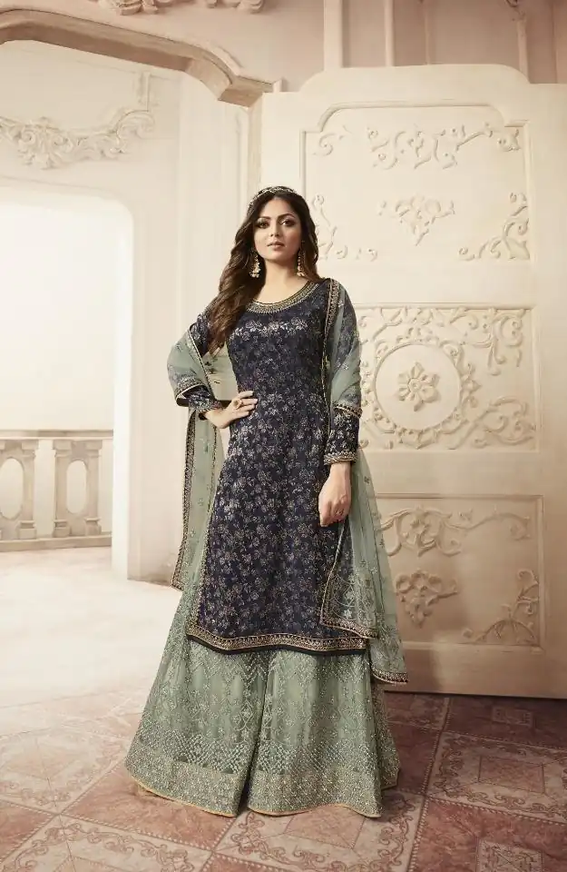 FC L.t 5401 Blue Color Jacquard Silk Georgette Diamond Sharara Suit Wedding, Party, Festive Expected Delivery 4-6 Working Days  @2999/- | Designer Suits, Jump Suits, Casual Suits, Creative suits, Palazzo Suits, Party Wear Suits, Patiala Suits, Salwar suit, Straight Suits