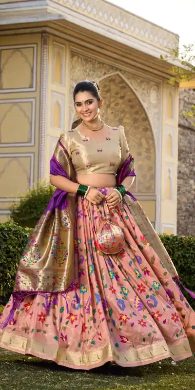 LNB 2021 Peach Jacquard Silk Weaving Zari Lehenga Choli Festive Party Wedding, Events etc. Delivery 4-6 Working Days @4099/- | Bollywood Lehenga, Creative Lehenga, Designer Lehenga, Embroidered Lehenga, Lehenga, Party Wear Lehenga