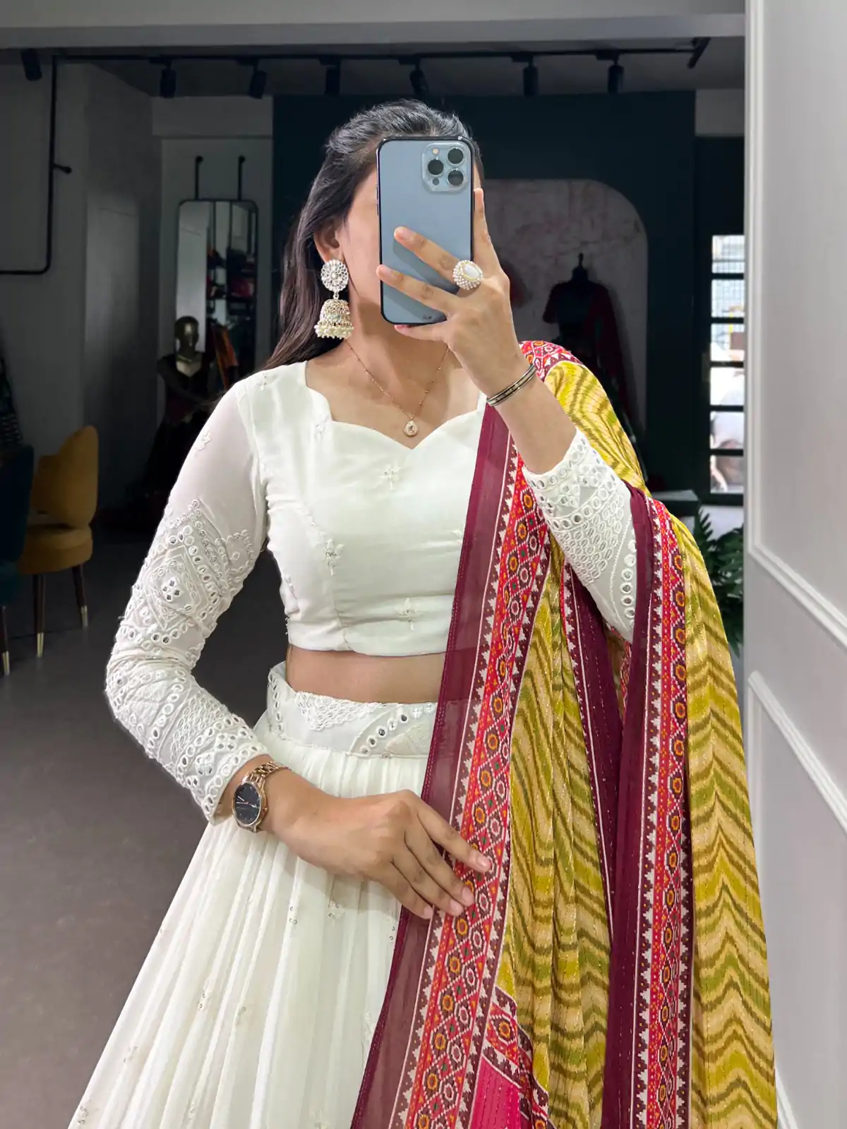 LNB 1500 White Color Georgette Lucknowi Paper Mirror Lehenga Choli Festive Party Wedding, Events etc. Delivery 4-6 Working Days @3499/- | Embroidered Lehenga, Bollywood Lehenga, Creative Lehenga, Designer Lehenga, Lehenga, Party Wear Lehenga