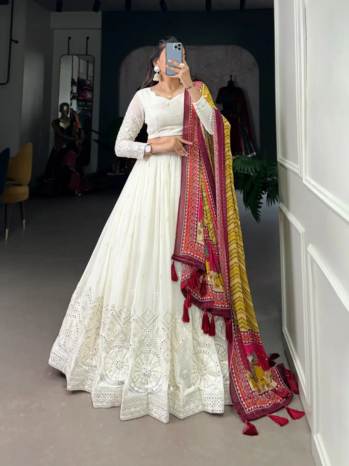 LNB 1500 White Color Georgette Lucknowi Paper Mirror Lehenga Choli Festive Party Wedding, Events etc. Delivery 4-6 Working Days @3499/- | Embroidered Lehenga, Bollywood Lehenga, Creative Lehenga, Designer Lehenga, Lehenga, Party Wear Lehenga