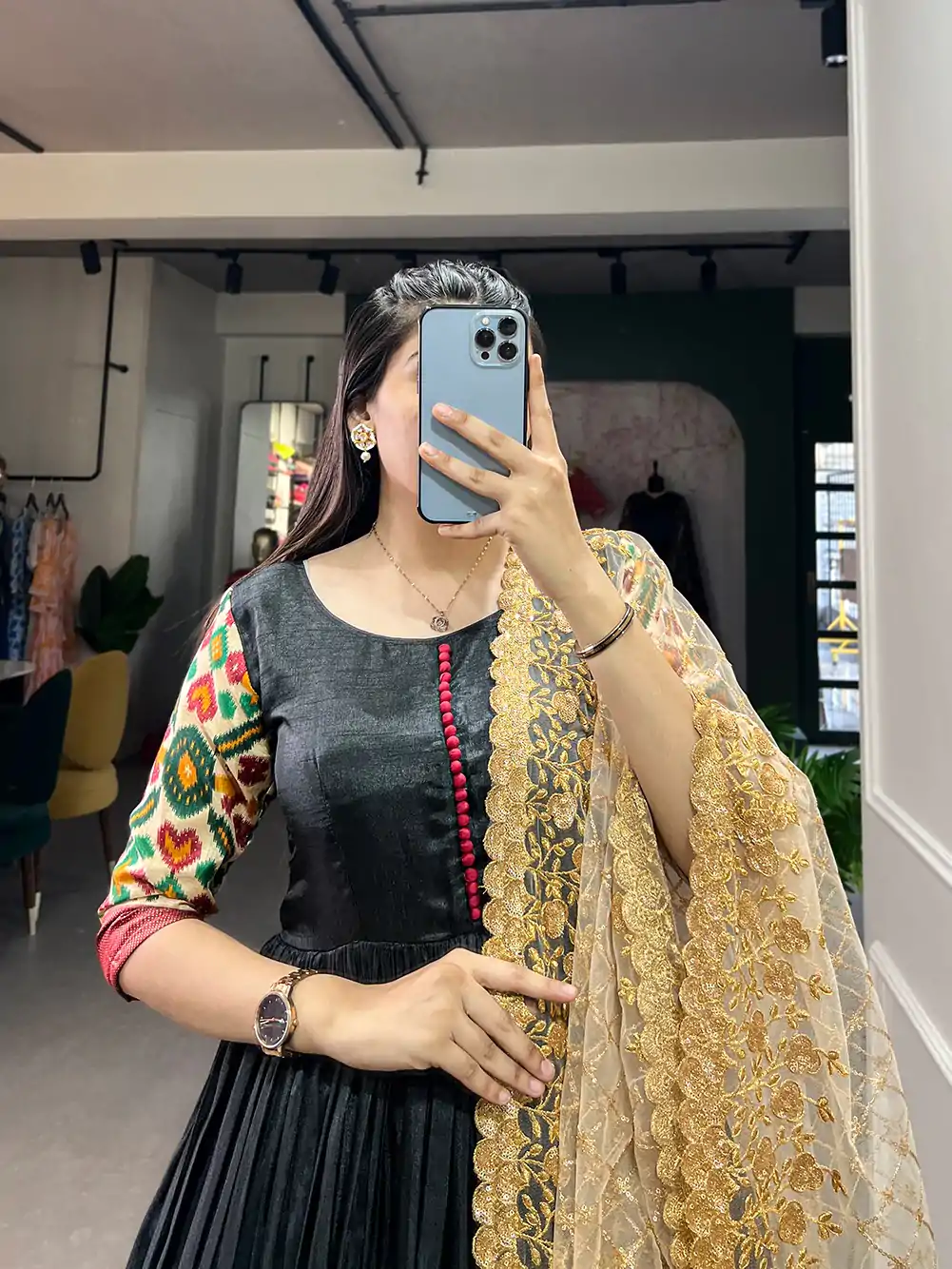 YNF 5033 Black Color Dola Silk Printed Foil Work Gown (With Dupatta ) Casual, Wedding, Festive, Events, Designer Party Wear, Delivery 4-6 Working Days @1999 | Bollywood Gowns, Creative Gowns, Designer Gowns, Embroidered Gowns, Gowns, Party Wear Gowns