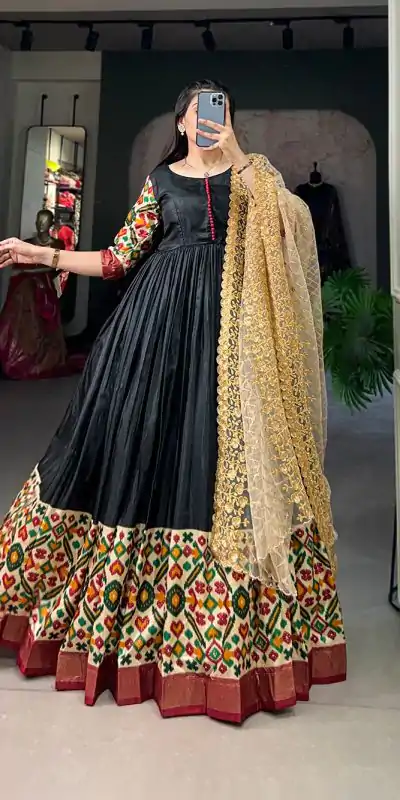 YNF 5033 Black Color Dola Silk Printed Foil Work Gown (With Dupatta ) Casual, Wedding, Festive, Events, Designer Party Wear, Delivery 4-6 Working Days @1999 | Bollywood Gowns, Creative Gowns, Designer Gowns, Embroidered Gowns, Gowns, Party Wear Gowns
