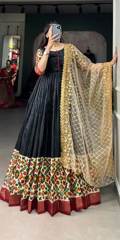 YNF 5033 Black Color Dola Silk Printed Foil Work Gown (With Dupatta ) Casual, Wedding, Festive, Events, Designer Party Wear, Delivery 4-6 Working Days @1999 | Bollywood Gowns, Creative Gowns, Designer Gowns, Embroidered Gowns, Gowns, Party Wear Gowns