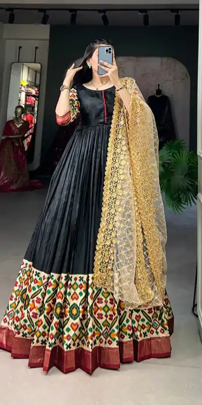 YNF 5033 Black Color Dola Silk Printed Foil Work Gown (With Dupatta ) Casual, Wedding, Festive, Events, Designer Party Wear, Delivery 4-6 Working Days @1999 | Bollywood Gowns, Creative Gowns, Designer Gowns, Embroidered Gowns, Gowns, Party Wear Gowns