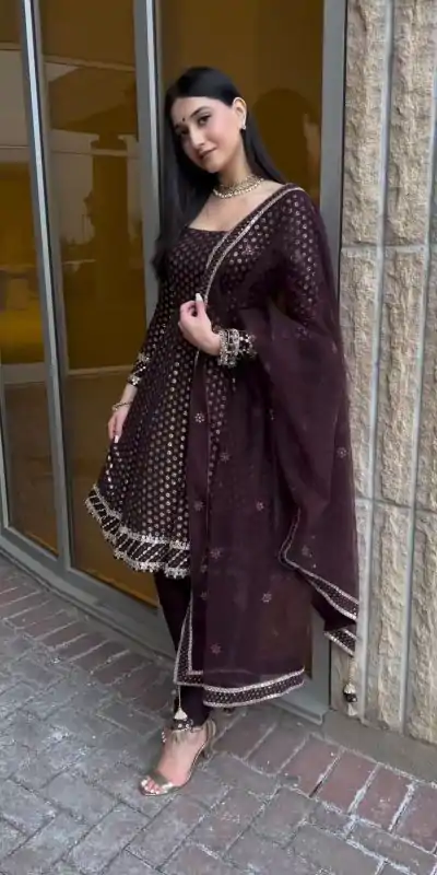NF 1185 Brown Color Georgette Embroidery Sequence Salwar Suit Casual, Wedding, Party, Festive, Events . Expected Delivery 4-6 Working Days @2099 | Casual Suits, Creative suits, Designer Suits, Palazzo Suits, Party Wear Suits, Patiala Suits, Salwar suit, Straight Suits