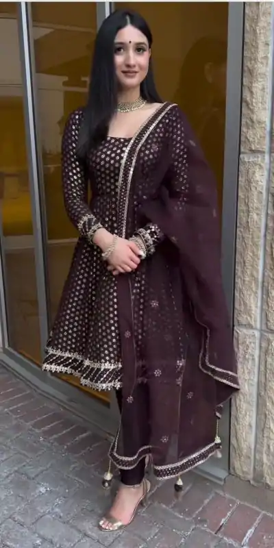 NF 1185 Brown Color Georgette Embroidery Sequence Salwar Suit Casual, Wedding, Party, Festive, Events . Expected Delivery 4-6 Working Days @2099 | Casual Suits, Creative suits, Designer Suits, Palazzo Suits, Party Wear Suits, Patiala Suits, Salwar suit, Straight Suits