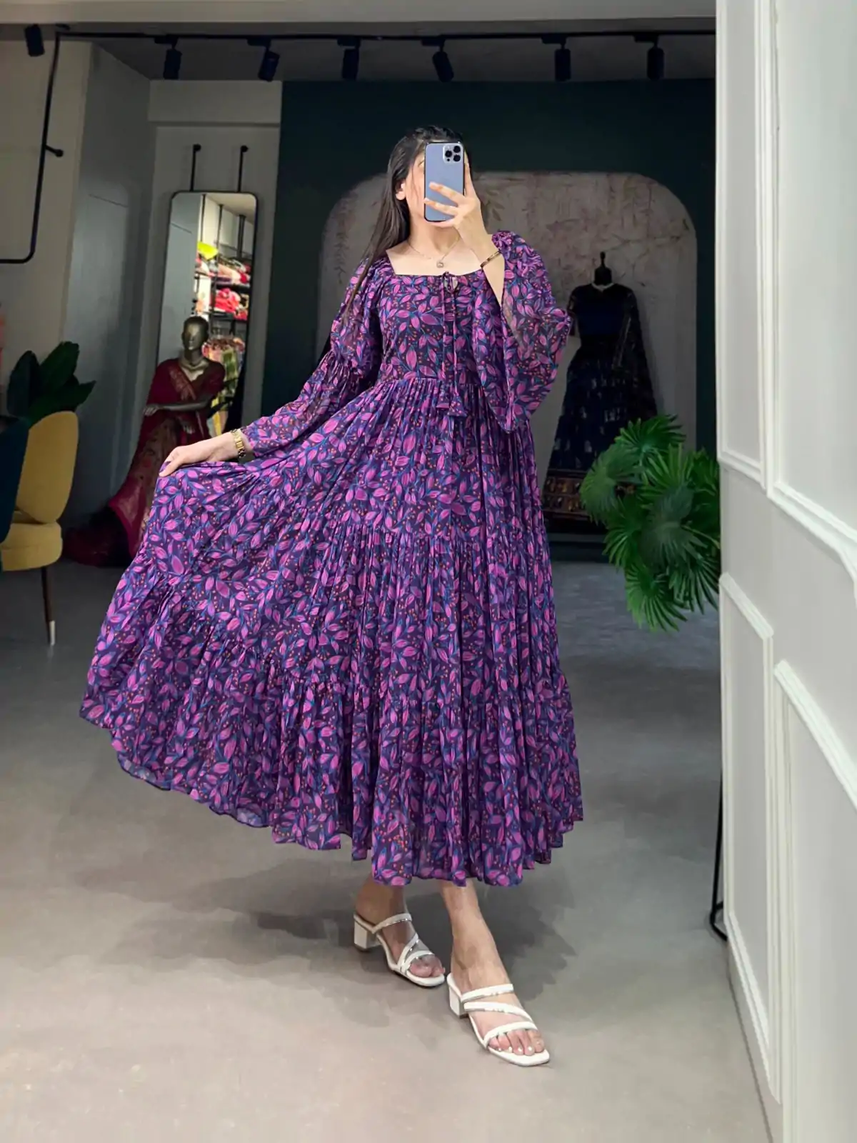 YNF 5014 Purple Color Georgette Floral Printed Work Gown Casual, Wedding, Festive, Events, Designer Party Wear, Delivery 4-6 Working Days @1849 | Bollywood Gowns, Creative Gowns, Designer Gowns, Embroidered Gowns, Gowns, Party Wear Gowns