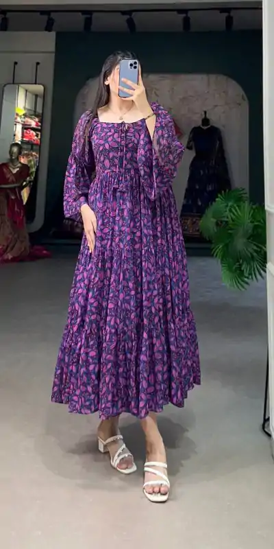 YNF 5014 Purple Color Georgette Floral Printed Work Gown Casual, Wedding, Festive, Events, Designer Party Wear, Delivery 4-6 Working Days @1849 | Bollywood Gowns, Creative Gowns, Designer Gowns, Embroidered Gowns, Gowns, Party Wear Gowns