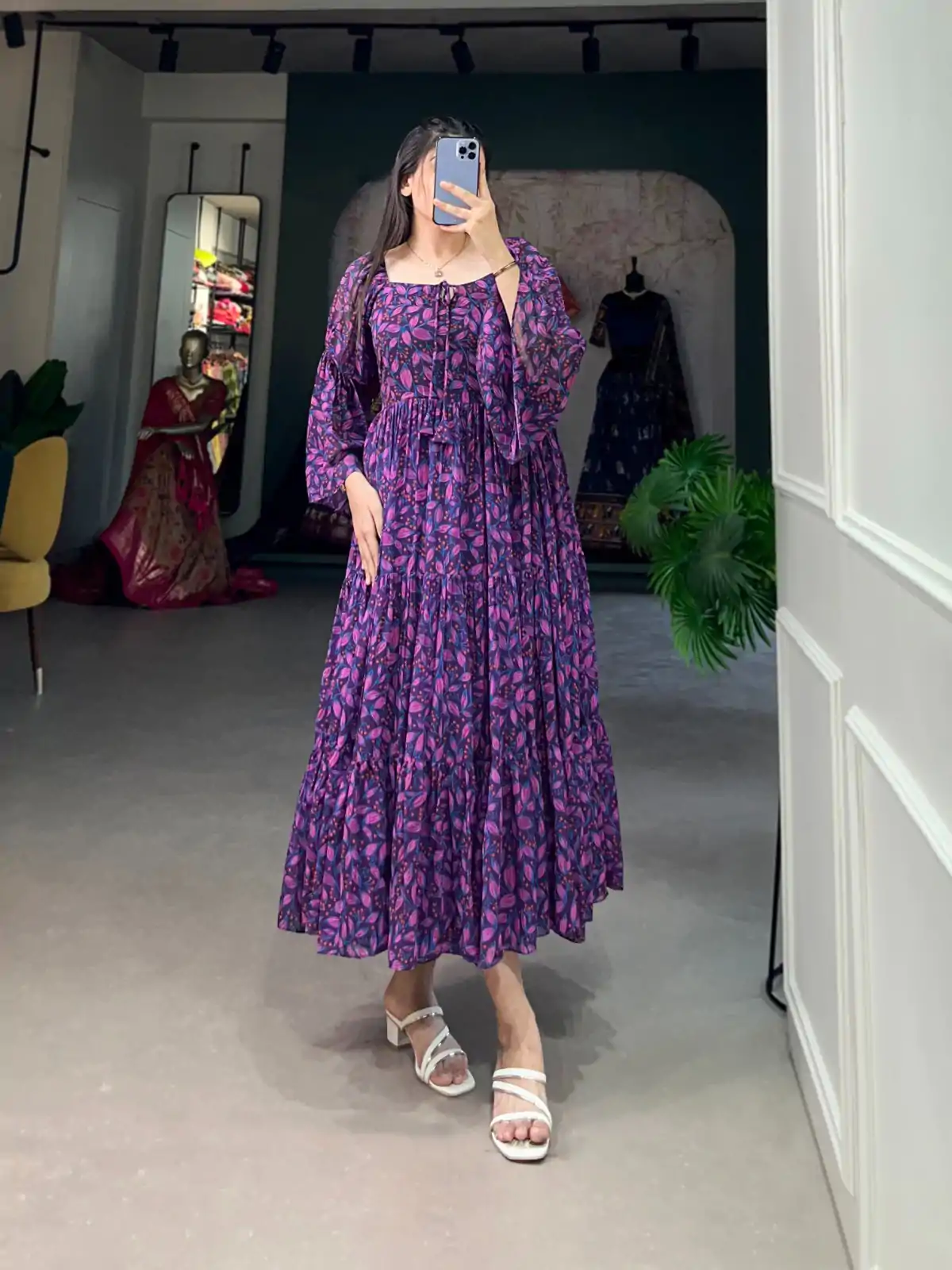 YNF 5014 Purple Color Georgette Floral Printed Work Gown Casual, Wedding, Festive, Events, Designer Party Wear, Delivery 4-6 Working Days @1849 | Bollywood Gowns, Creative Gowns, Designer Gowns, Embroidered Gowns, Gowns, Party Wear Gowns