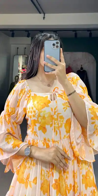 YNF 5014 Yellow Color Georgette Floral Printed Work Gown Casual, Wedding, Festive, Events, Designer Party Wear, Delivery 4-6 Working Days @1849 | Bollywood Gowns, Creative Gowns, Designer Gowns, Embroidered Gowns, Gowns, Party Wear Gowns