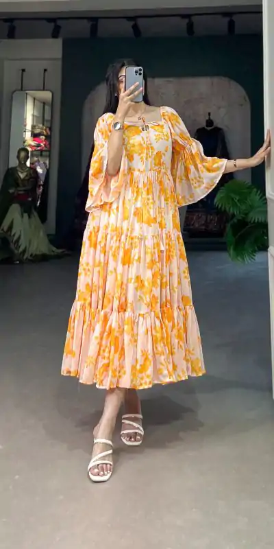 YNF 5014 Yellow Color Georgette Floral Printed Work Gown Casual, Wedding, Festive, Events, Designer Party Wear, Delivery 4-6 Working Days @1849 | Bollywood Gowns, Creative Gowns, Designer Gowns, Embroidered Gowns, Gowns, Party Wear Gowns