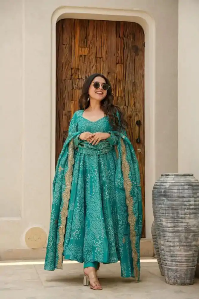 AD 172 Green Color Two Tone Banarasi Silk Digital Printed Gown Casual, Wedding, Party, Festive, Events Etc. Expected Delivery 4-6 Working Days @1999/- | Bollywood Gowns, Creative Gowns, Designer Gowns, Embroidered Gowns, Gowns, Party Wear Gowns