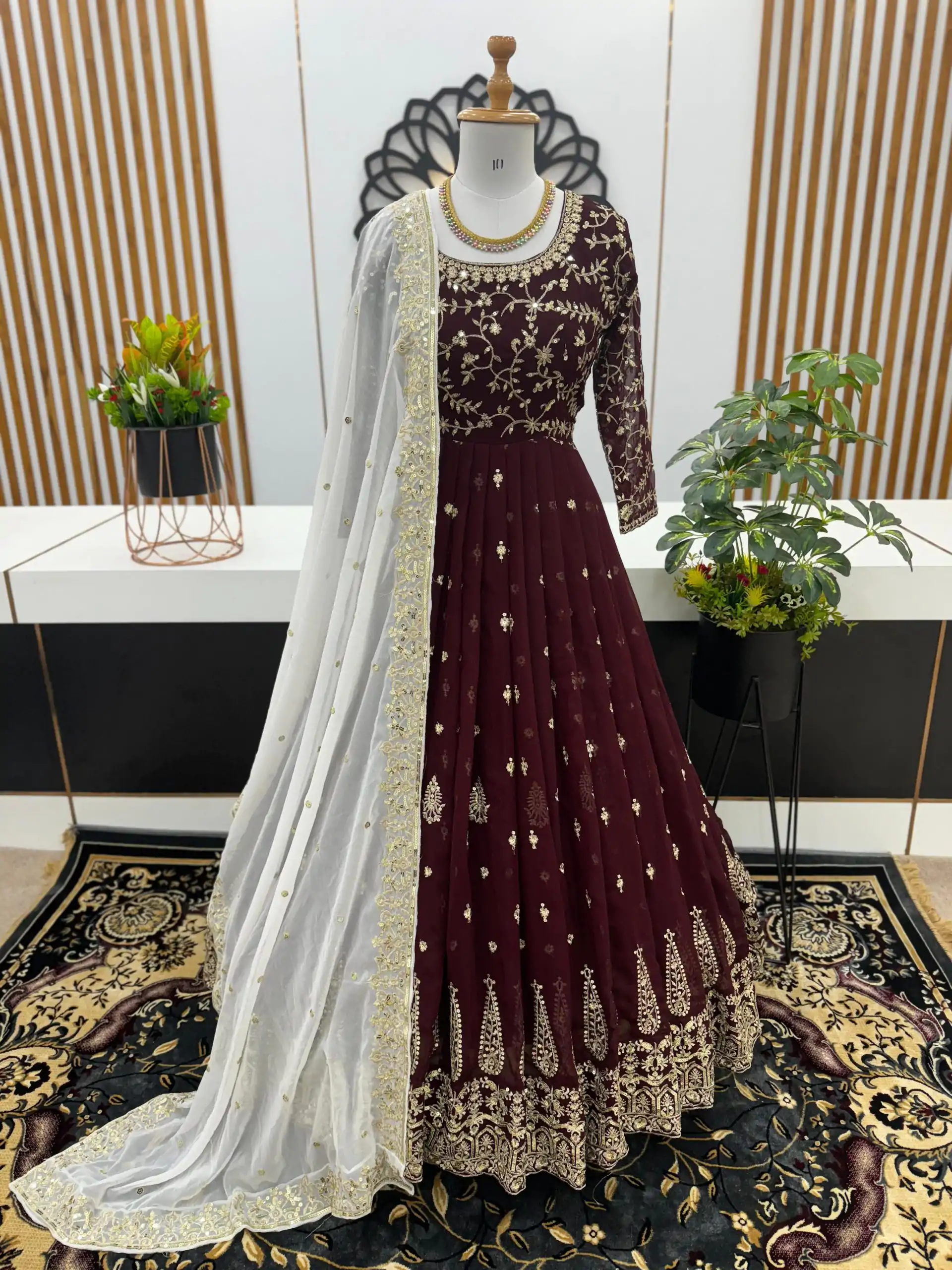 SR 1584 Maroon Color Georgette Embroidery Sequence Gown Casual, Wedding, Party, Festive, Events Etc. Expected Delivery 4-6 Working Days @2199/- | Bollywood Gowns, Creative Gowns, Designer Gowns, Embroidered Gowns, Gowns, Party Wear Gowns