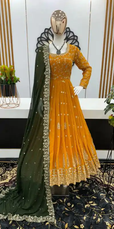 SR 1584 Yellow Color Georgette Embroidery Sequence Gown Casual, Wedding, Party, Festive, Events Etc. Expected Delivery 4-6 Working Days @2199/- | Bollywood Gowns, Creative Gowns, Designer Gowns, Embroidered Gowns, Gowns, Party Wear Gowns