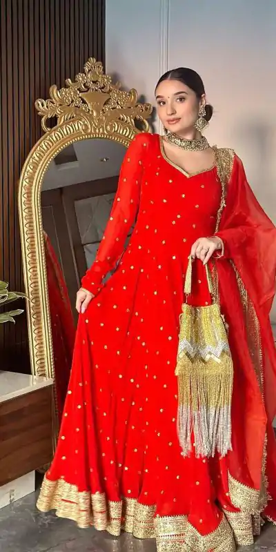RTC 5652 Red Color Georgette Thread Sequence Anarkali Suit Casual, Wedding, Party, Festive, Events. Expected Delivery 4-6 Working Days @2149/- | Anarkali Suits, Bollywood Anarkali, Creative-Anarkali, Designer Anarkali, Embroidered Anarkali, Party Wear Anarkali