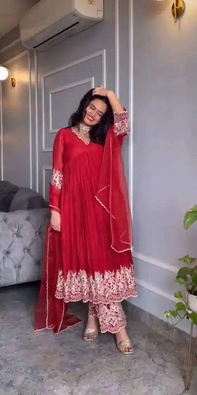 NF 1205 Red Color Chinon Silk Embroidery Salwar Suit Casual, Wedding, Party, Festive, Events . Expected Delivery 4-6 Working Days @2149 | Casual Suits, Creative suits, Designer Suits, Palazzo Suits, Party Wear Suits, Patiala Suits, Salwar suit, Straight Suits
