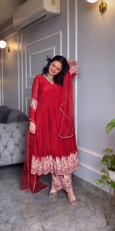 NF 1205 Red Color Chinon Silk Embroidery Salwar Suit Casual, Wedding, Party, Festive, Events . Expected Delivery 4-6 Working Days @2149 | Casual Suits, Creative suits, Designer Suits, Palazzo Suits, Party Wear Suits, Patiala Suits, Salwar suit, Straight Suits