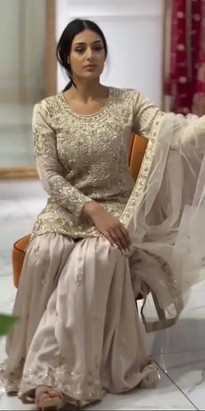 ZSR 3078 Cream Color Georgette Embroidery Sequence Sharara Suit Casual, Wedding, Party, Festive, Events Etc. Expected Delivery 4-6 Working Days @2149/- | Jump Suits, Casual Suits, Creative suits, Designer Suits, Palazzo Suits, Party Wear Suits, Patiala Suits, Salwar suit, Straight Suits