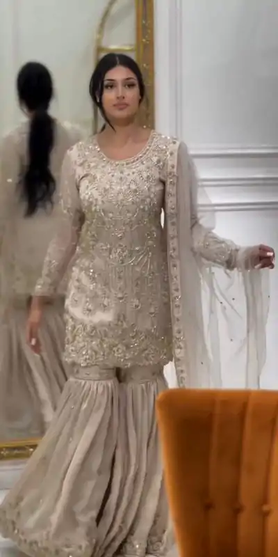 ZSR 3078 Cream Color Georgette Embroidery Sequence Sharara Suit Casual, Wedding, Party, Festive, Events Etc. Expected Delivery 4-6 Working Days @2149/- | Jump Suits, Casual Suits, Creative suits, Designer Suits, Palazzo Suits, Party Wear Suits, Patiala Suits, Salwar suit, Straight Suits