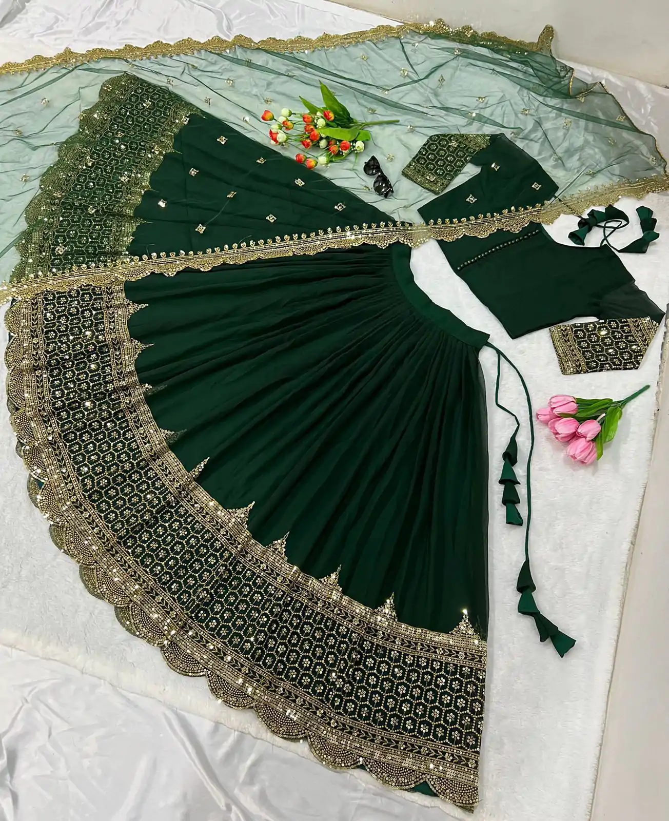 ZF 204 Dark Green Color Faux Georgette Heavy Embroidery Sequence Work Lehenga Choli Wedding, Party, Events Etc. Expected Delivery 4-6 Working Days 1899/- | Bollywood Lehenga, Creative Lehenga, Designer Lehenga, Embroidered Lehenga, Lehenga, Party Wear Lehenga