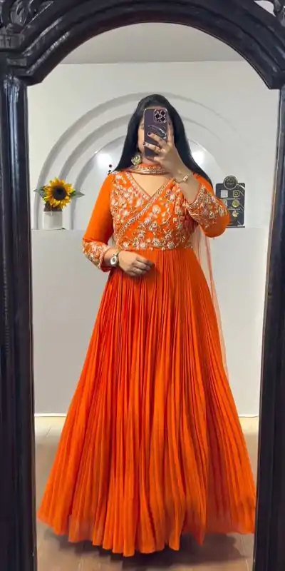 PC 421 Orange Color Fox Georgette Embroidery Sequence Gown Casual, Party Wear, Events, Festivals Wear Expected Delivery 4-6 Working Days @1629/- | Bollywood Gowns, Creative Gowns, Designer Gowns, Embroidered Gowns, Gowns, Party Wear Gowns