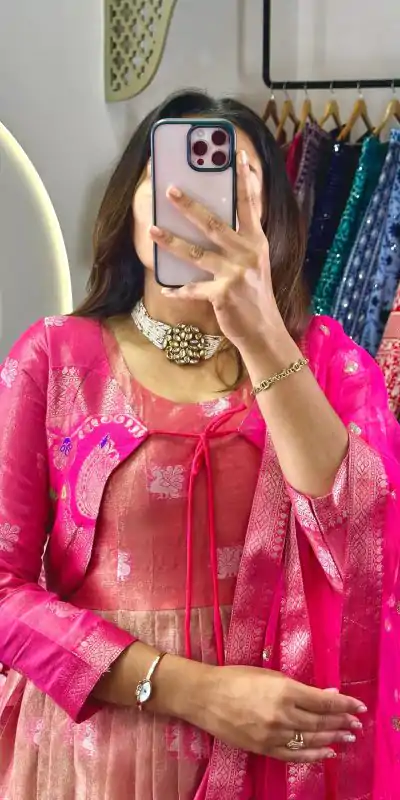 KD 8074 Pink Color Kota Silk Weaving Jacquard With Koti Gown Casual, Party, Wedding, Festive, Events Etc.  Expected Delivery  4-6 Working Days @2099/- Only | Bollywood Gowns, Creative Gowns, Designer Gowns, Embroidered Gowns, Gowns, Party Wear Gowns