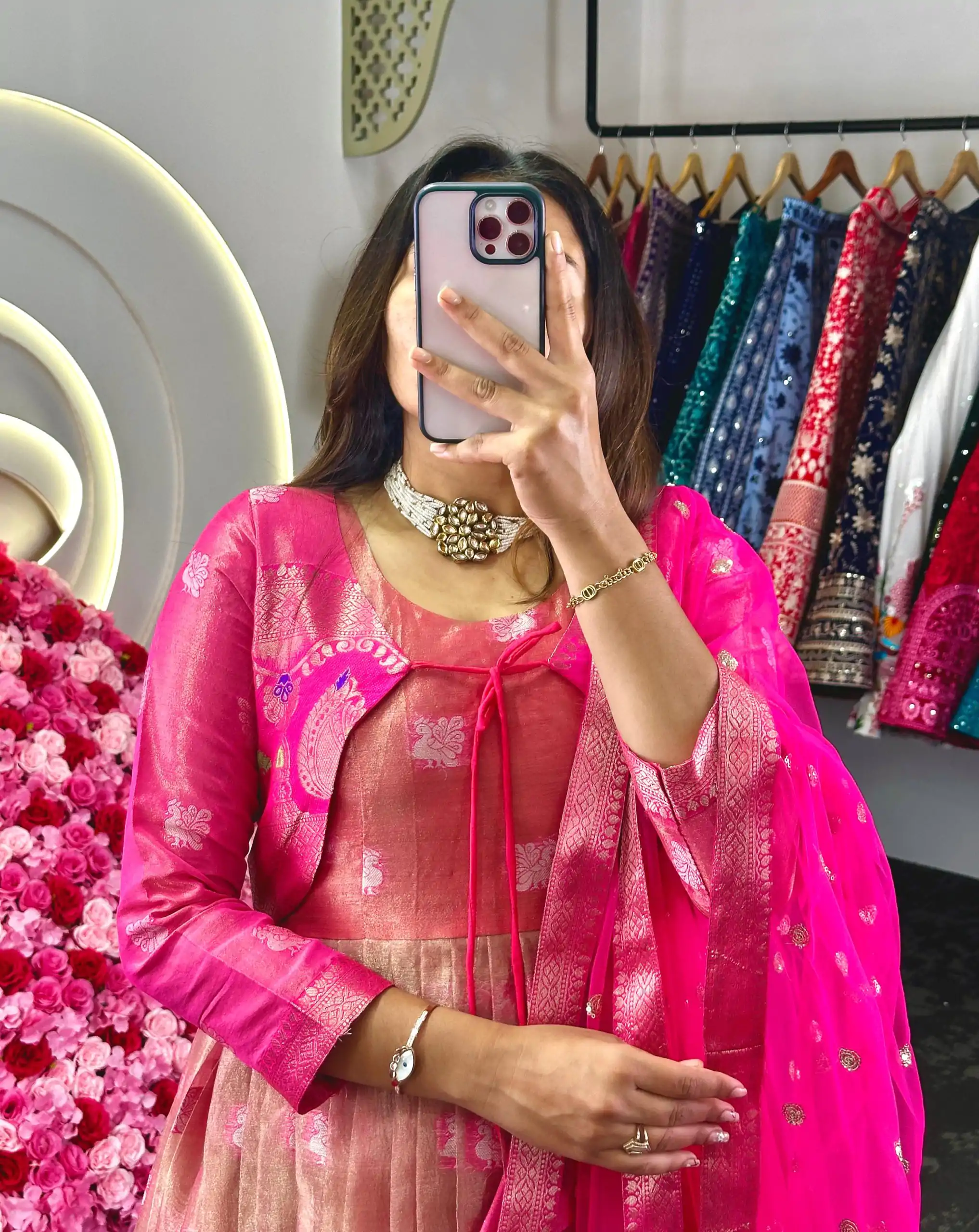 KD 8074 Pink Color Kota Silk Weaving Jacquard With Koti Gown Casual, Party, Wedding, Festive, Events Etc.  Expected Delivery  4-6 Working Days @2099/- Only | Bollywood Gowns, Creative Gowns, Designer Gowns, Embroidered Gowns, Gowns, Party Wear Gowns