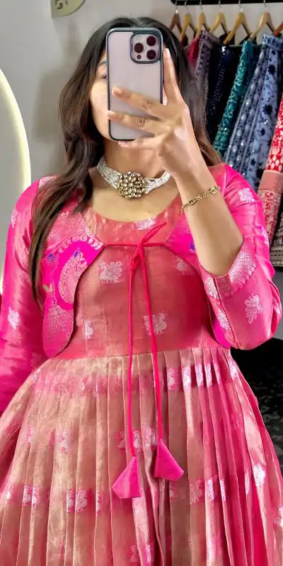 KD 8074 Pink Color Kota Silk Weaving Jacquard With Koti Gown Casual, Party, Wedding, Festive, Events Etc.  Expected Delivery  4-6 Working Days @2099/- Only | Bollywood Gowns, Creative Gowns, Designer Gowns, Embroidered Gowns, Gowns, Party Wear Gowns