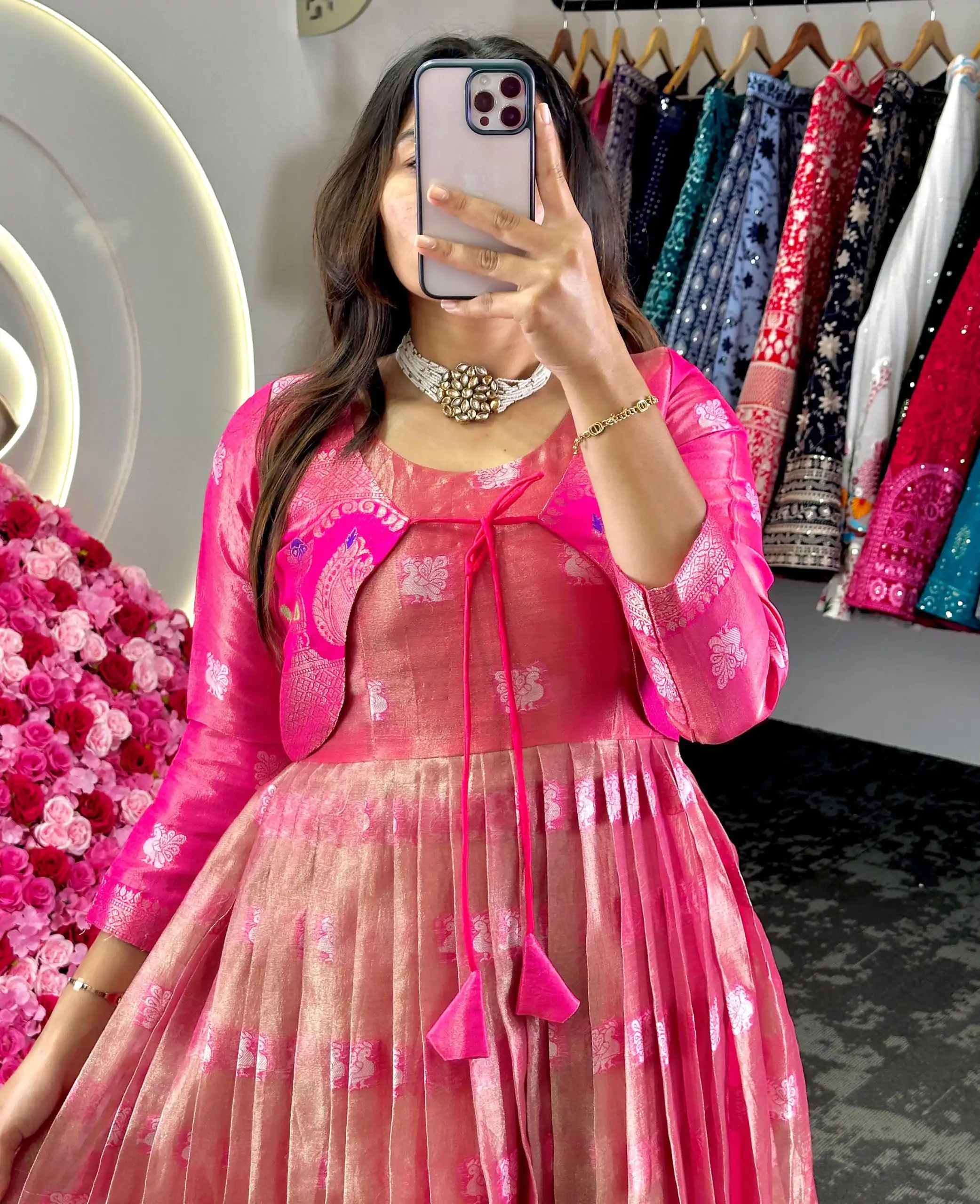 KD 8074 Pink Color Kota Silk Weaving Jacquard With Koti Gown Casual, Party, Wedding, Festive, Events Etc.  Expected Delivery  4-6 Working Days @2099/- Only | Bollywood Gowns, Creative Gowns, Designer Gowns, Embroidered Gowns, Gowns, Party Wear Gowns