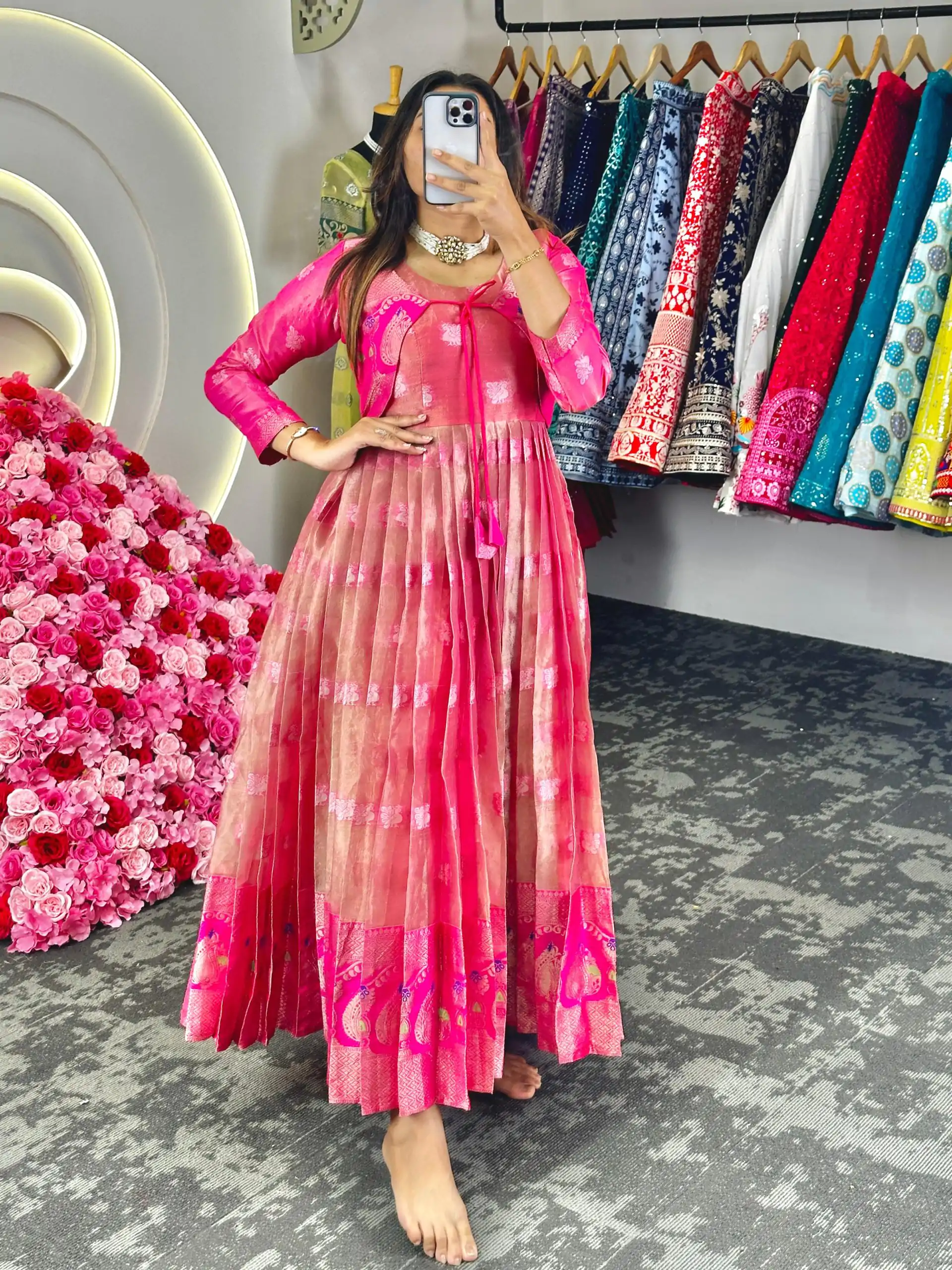 KD 8074 Pink Color Kota Silk Weaving Jacquard With Koti Gown Casual, Party, Wedding, Festive, Events Etc.  Expected Delivery  4-6 Working Days @2099/- Only | Bollywood Gowns, Creative Gowns, Designer Gowns, Embroidered Gowns, Gowns, Party Wear Gowns