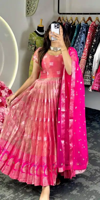KD 8074 Pink Color Kota Silk Weaving Jacquard With Koti Gown Casual, Party, Wedding, Festive, Events Etc.  Expected Delivery  4-6 Working Days @2099/- Only | Bollywood Gowns, Creative Gowns, Designer Gowns, Embroidered Gowns, Gowns, Party Wear Gowns