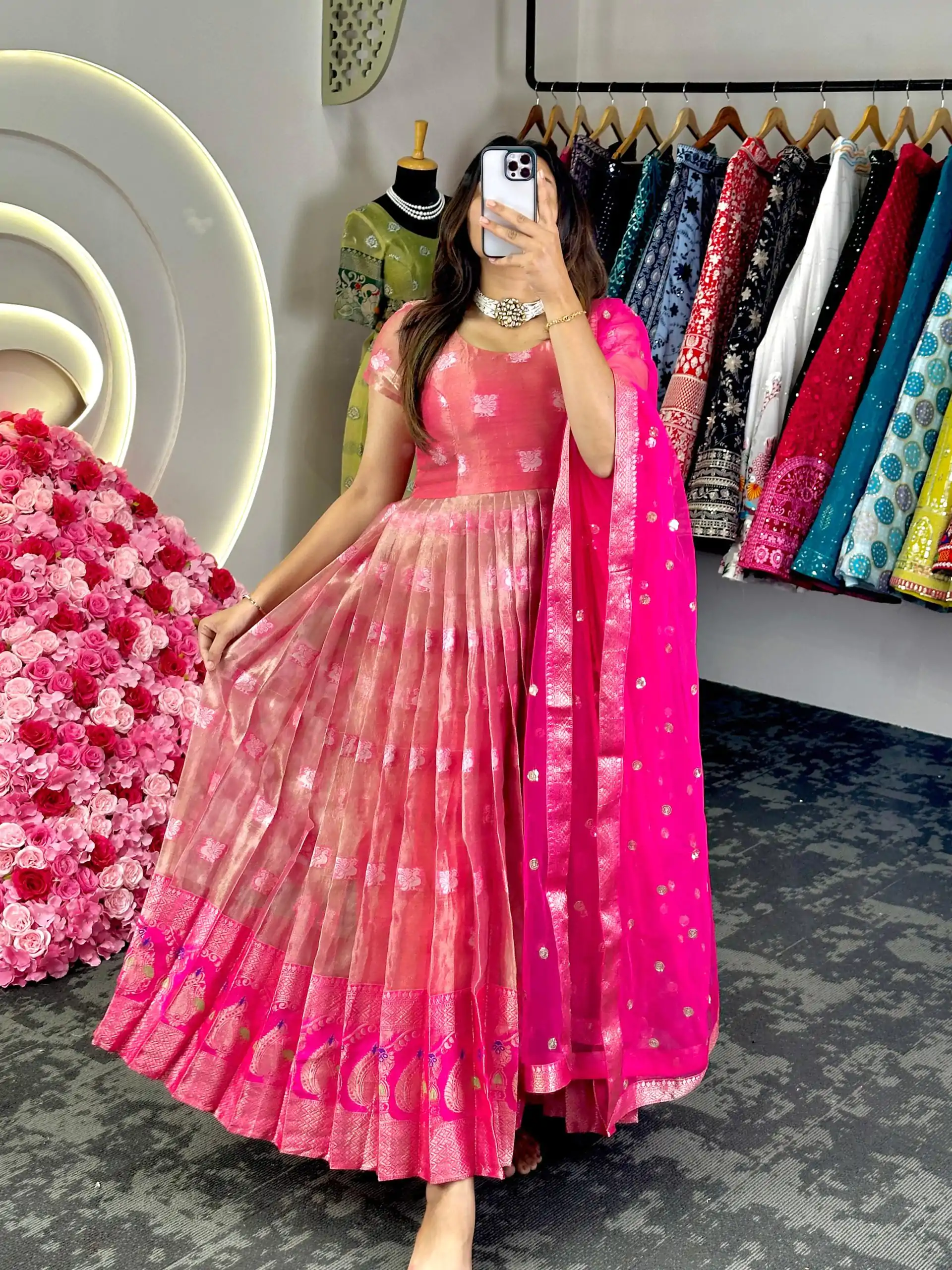 KD 8074 Pink Color Kota Silk Weaving Jacquard With Koti Gown Casual, Party, Wedding, Festive, Events Etc.  Expected Delivery  4-6 Working Days @2099/- Only | Bollywood Gowns, Creative Gowns, Designer Gowns, Embroidered Gowns, Gowns, Party Wear Gowns