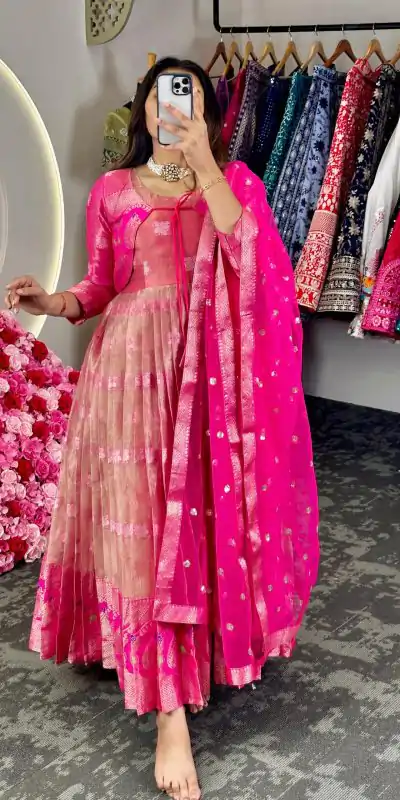 KD 8074 Pink Color Kota Silk Weaving Jacquard With Koti Gown Casual, Party, Wedding, Festive, Events Etc.  Expected Delivery  4-6 Working Days @2099/- Only | Bollywood Gowns, Creative Gowns, Designer Gowns, Embroidered Gowns, Gowns, Party Wear Gowns