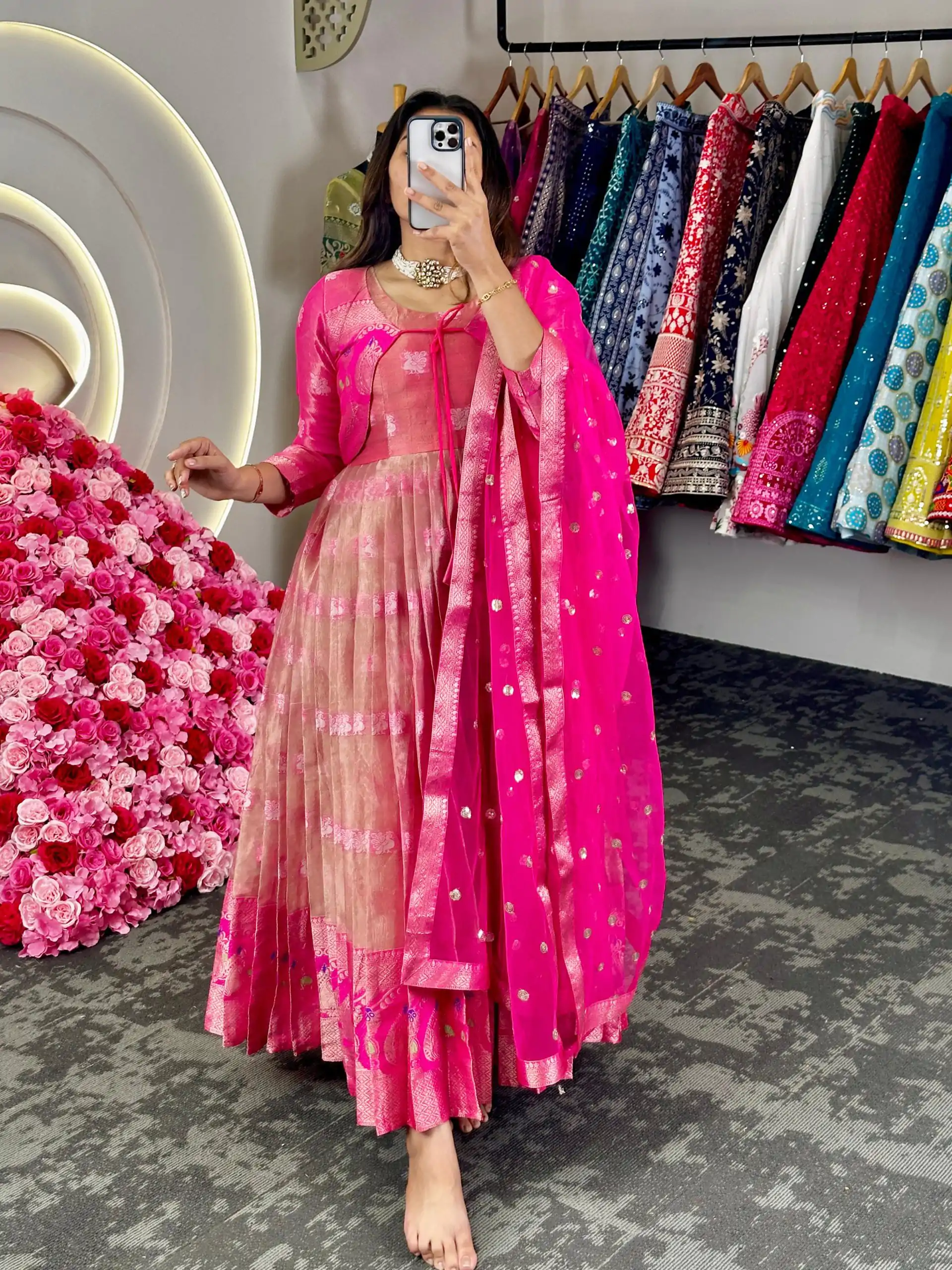 KD 8074 Pink Color Kota Silk Weaving Jacquard With Koti Gown Casual, Party, Wedding, Festive, Events Etc.  Expected Delivery  4-6 Working Days @2099/- Only | Bollywood Gowns, Creative Gowns, Designer Gowns, Embroidered Gowns, Gowns, Party Wear Gowns