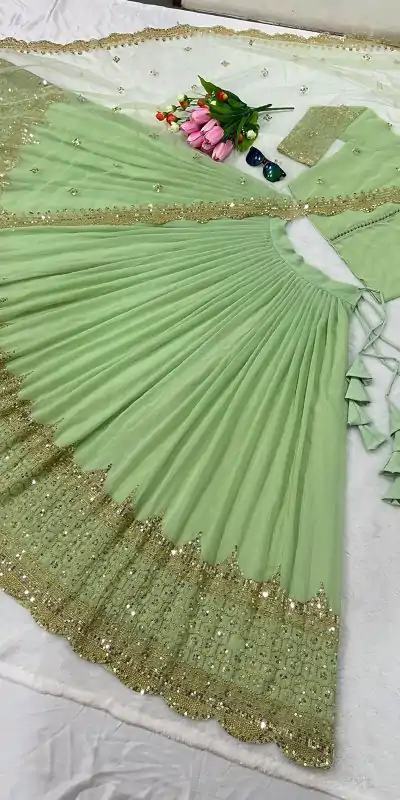 ZF 204 Pista Color Faux Georgette Heavy Embroidery Sequence Work Lehenga Choli Wedding, Party, Events Etc. Expected Delivery 4-6 Working Days 1899/- | Bollywood Lehenga, Creative Lehenga, Designer Lehenga, Embroidered Lehenga, Lehenga, Party Wear Lehenga